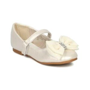 Toddler Girl Bow Tie Mary Jane Ballerina Flat -Ivory Leatherette